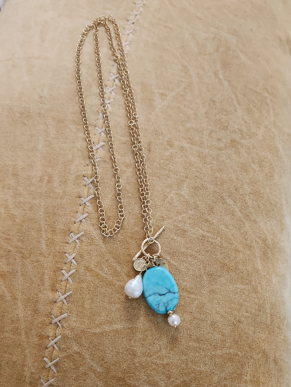 Spartina 449 Gold-Tone Necklace with Turquoise Oval and Pearl Drops